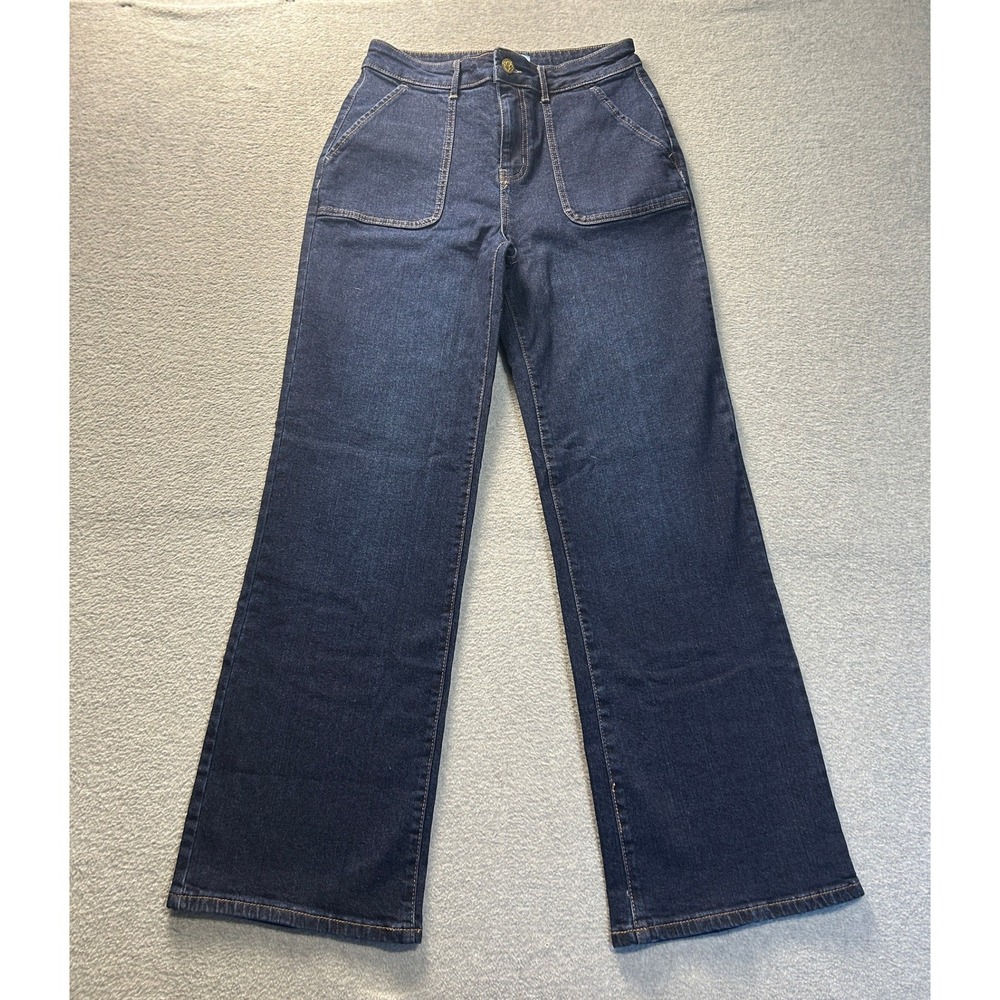 Draper James High Rise Wide Leg Flare Jeans Womens 6 Dark Wash Patch Pockets
